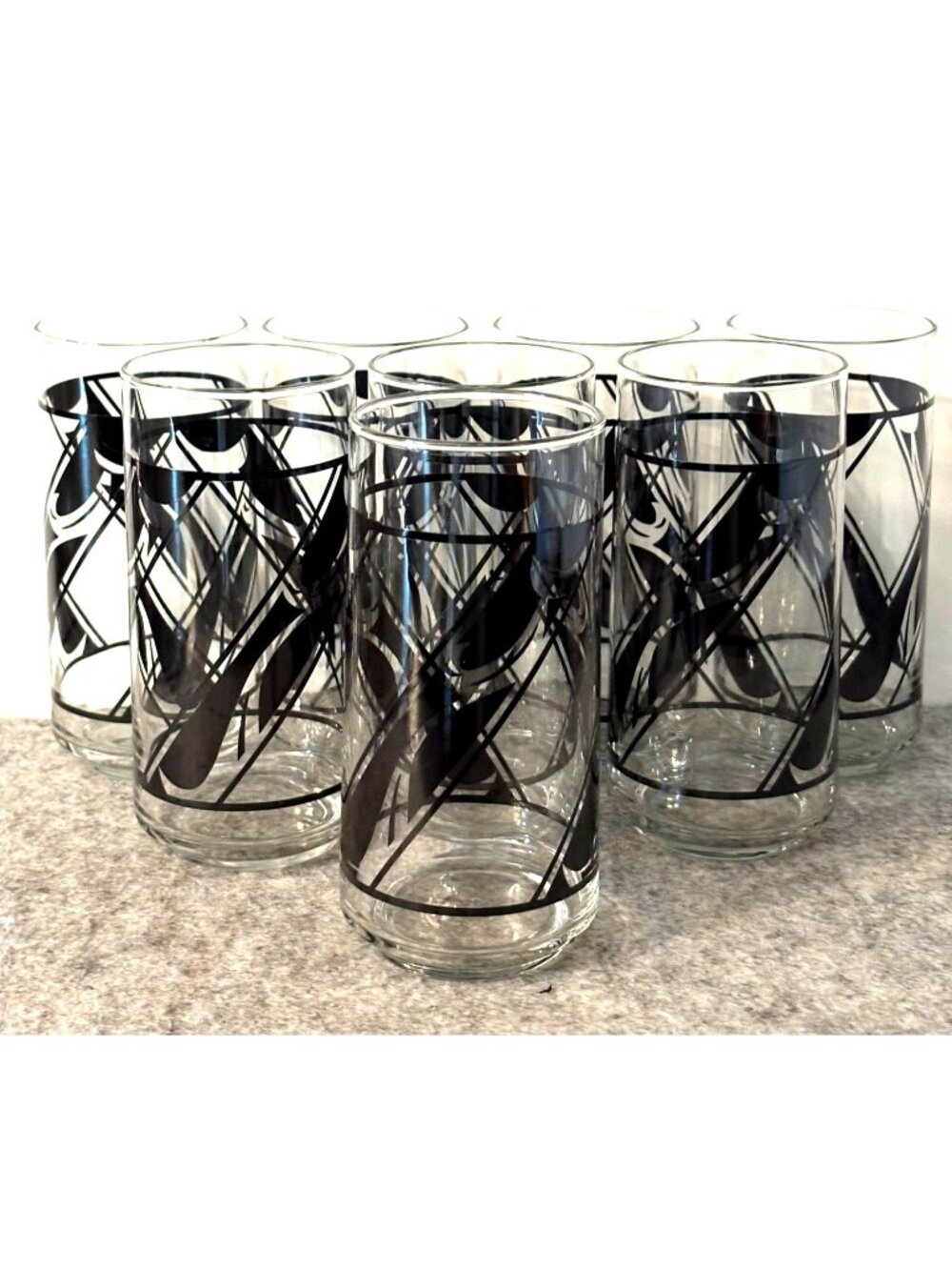Set of 8 Vintage Lyric Black Geometric Design 6" Tumblers by Libbey  # 3402